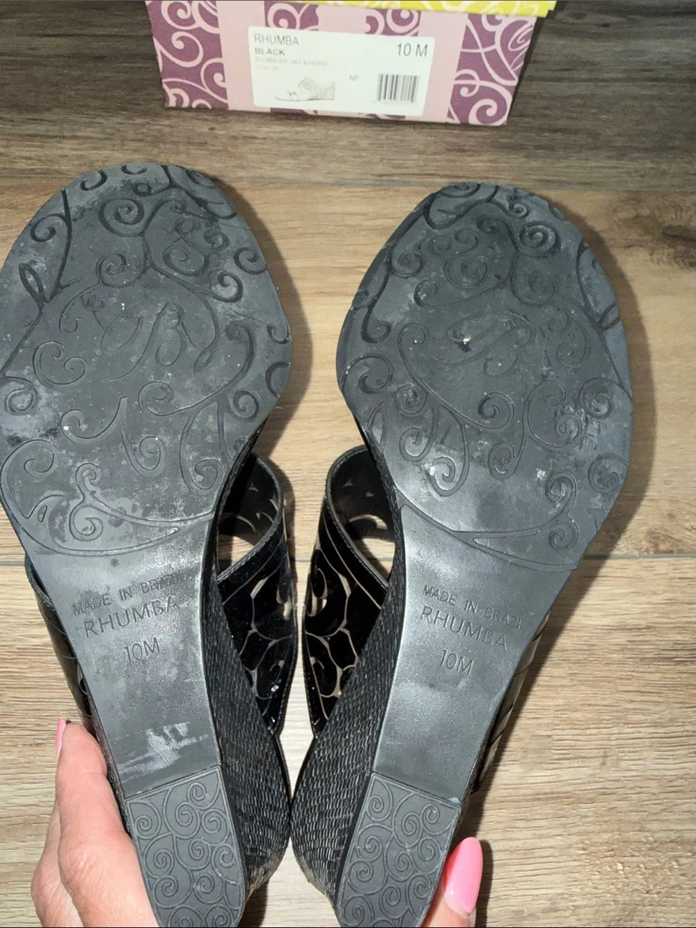 Brighton Black Rhumba Patent Swirl Wedge Sandals